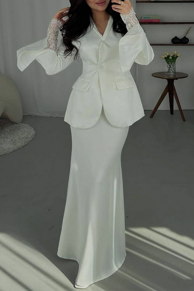 V Neck Slit Long Sleeve Blazer Solid Color Satin Maxi Dress