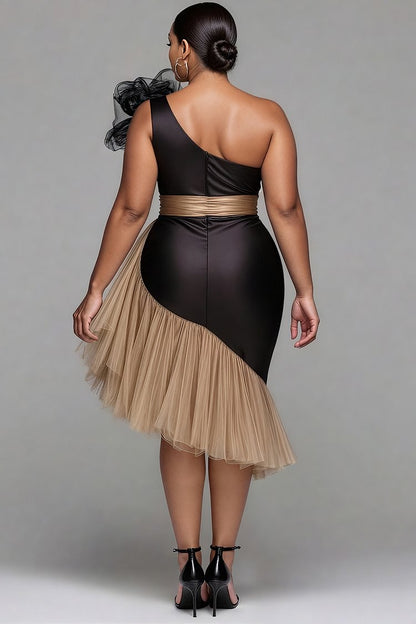 Cocktail Party Tulle Black One Shoulder Contrast Elegant 3D Satin Midi Dresses