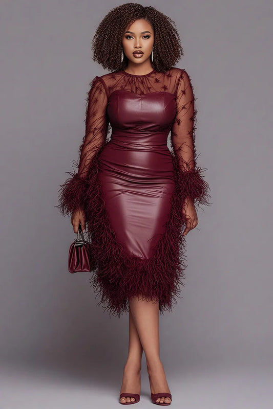 Burgundy Round Neck Long Sleeve Trimmings Elegant  Midi Dress