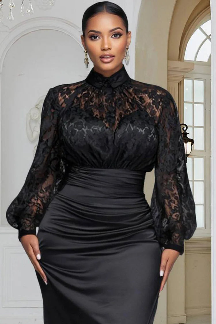 Formal Satin Black Mock Neck Lantern Sleeve Long Sleeve Split Maxi Dress