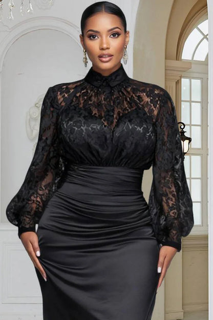 Formal Satin Black Mock Neck Lantern Sleeve Long Sleeve Split Maxi Dress