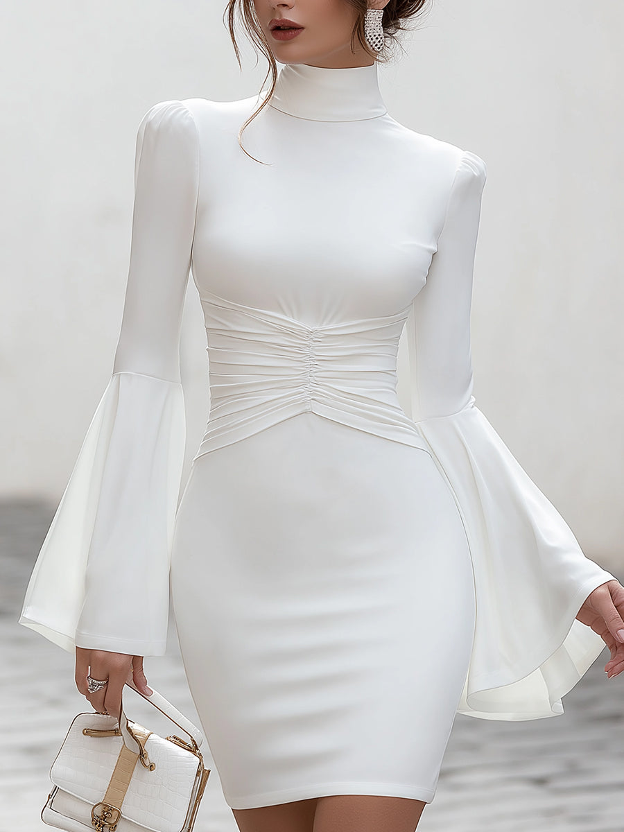 High-Neck Ruched Waist Dress With Dramatic Flared Sleeves