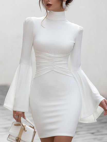 High-Neck Ruched Waist Dress With Dramatic Flared Sleeves