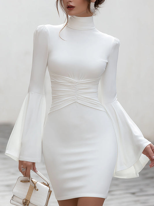 High-Neck Ruched Waist Dress With Dramatic Flared Sleeves