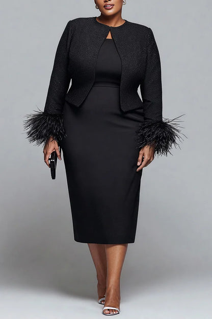 Cocktail Party Black Round Neck Long Sleeve Feather Elegant Two Piece Dress Set