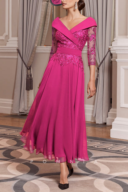 P9058 - A-Line V-Neck Long Sleeves Appliques Chiffon Long Mother of Bride Dress
