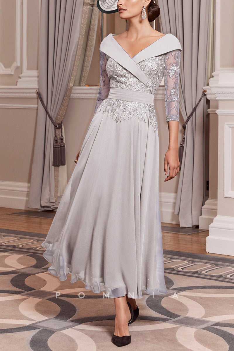 P9058 - A-Line V-Neck Long Sleeves Appliques Chiffon Long Mother of Bride Dress