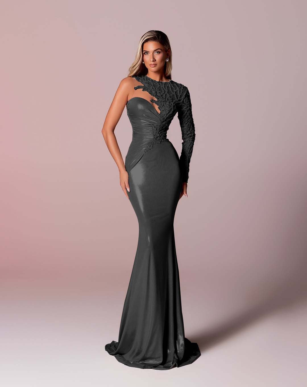 Asymmetric Neckline Single-Sided Long Sleeve Long Mermaid Prom Dress