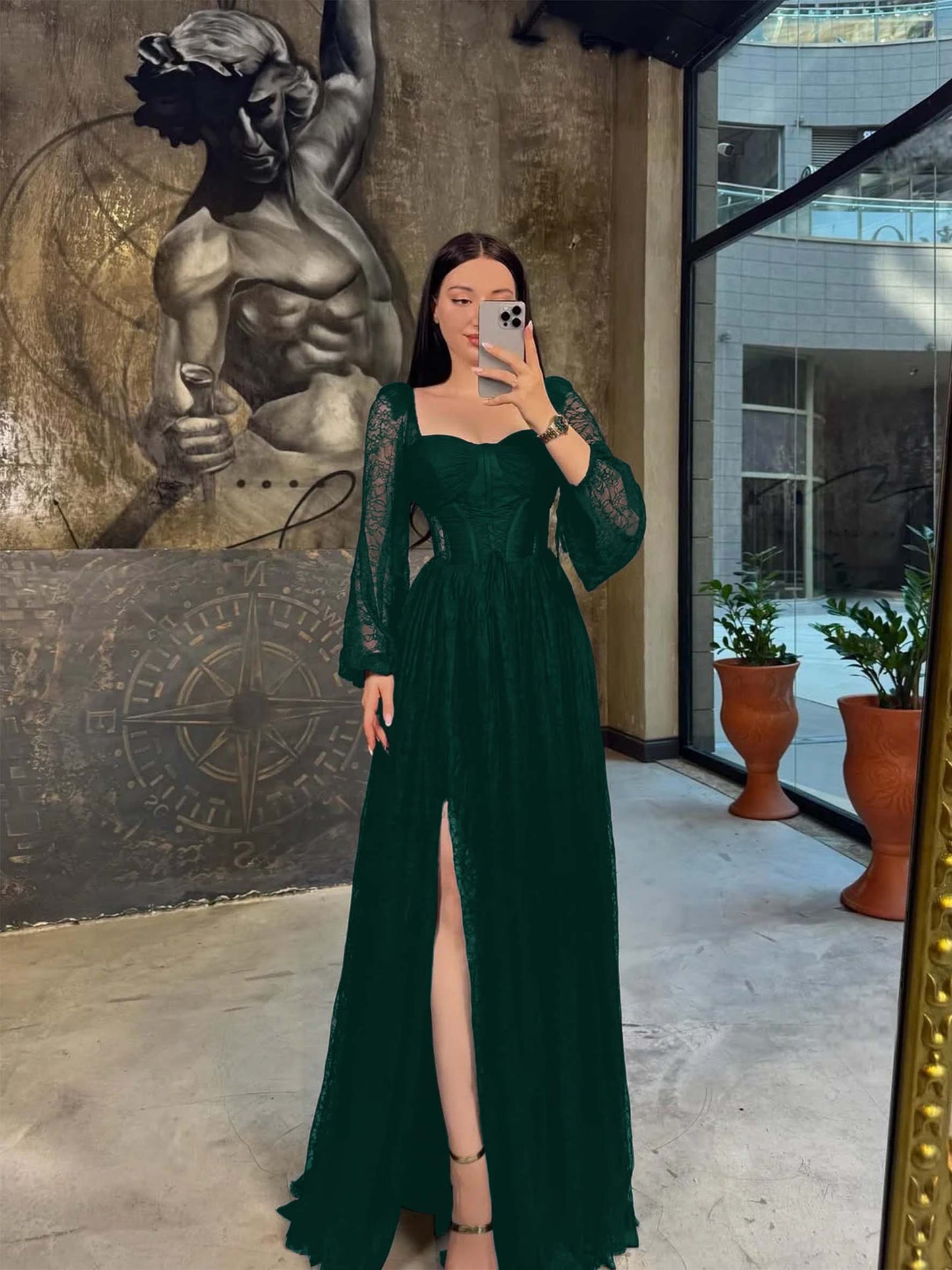 Lantern Long Sleeves Long A-Line Pleated Prom Dress With Split And Corset