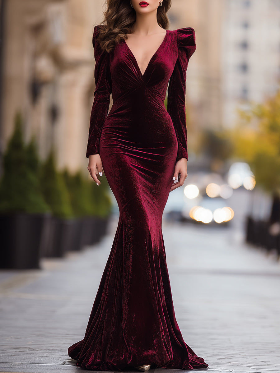 Burgundy Velvet Long Sleeve Mermaid Evening Gown