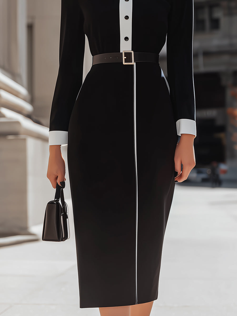 Black And White Contrast Collar Belted Midi Dress