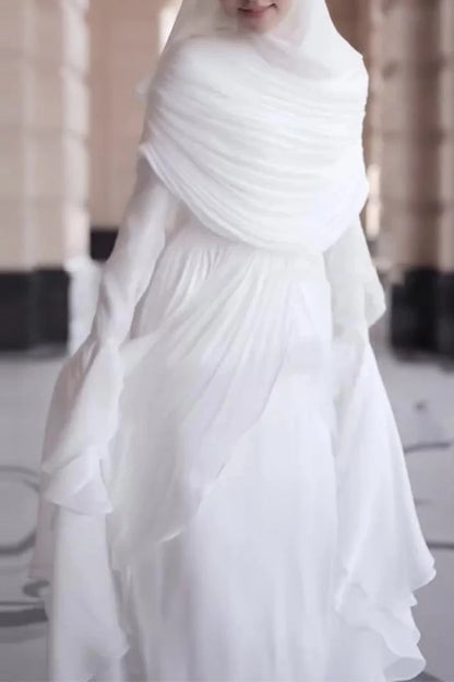 Draped Shoulder Pleated Slit Ruffled Trim Bell Sleeve Maxi Dress