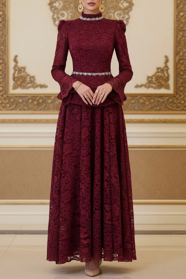 Rhinestone Embroidery Mock Neck Top Maxi Dress