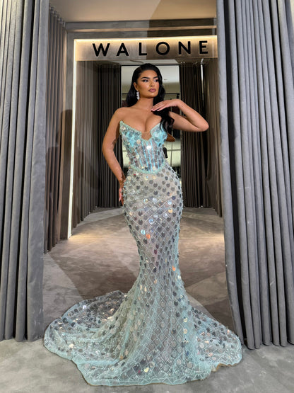 Long dress with crystal mesh overlay and structured corset bodice