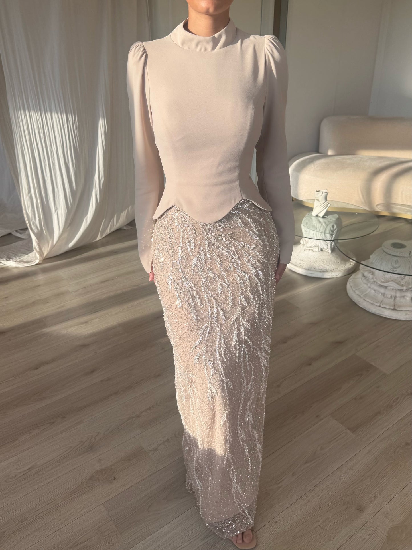 Beige Sheath Long Sleeves Beaded High Neck Formal Gown