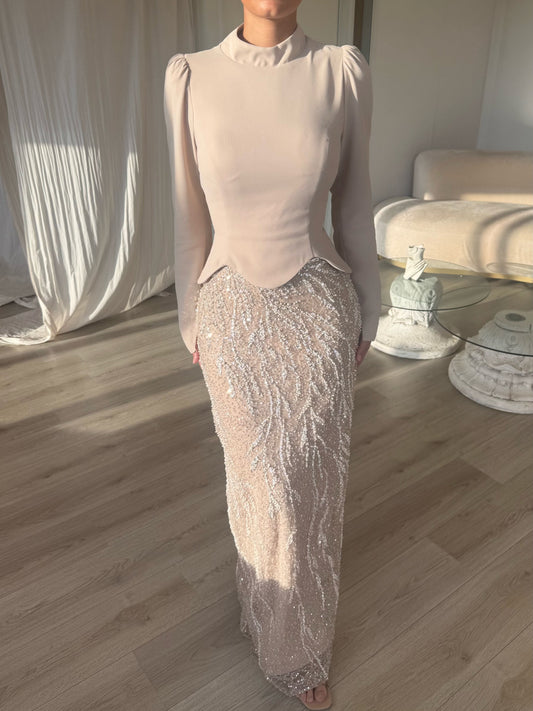 Beige Sheath Long Sleeves Beaded High Neck Formal Gown