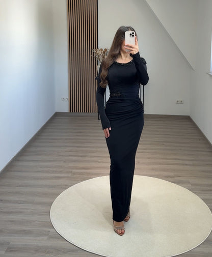 Long Sleeves Scoop Sequins Satin Evening Dress