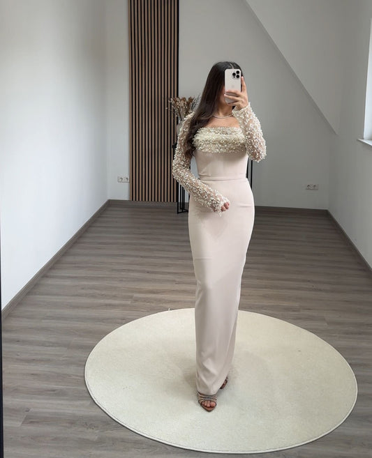 Long Sleeves Sequins A-Line Satin Evening Dress