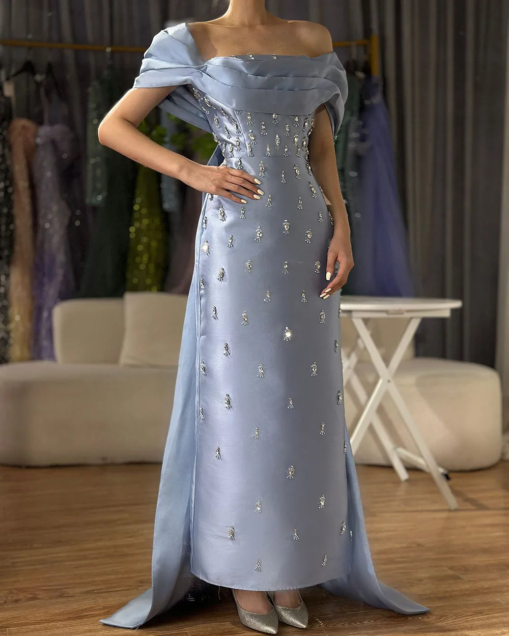 Blue Beaded Crystal Ankle-Length Mermaid Satin Evening Dress Gown for Party
