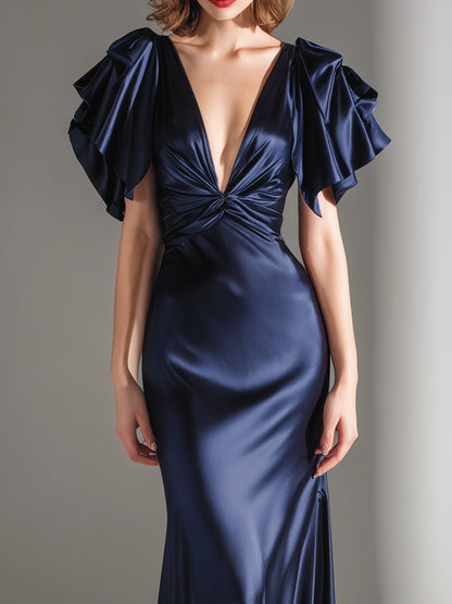 Draped Flutter-Sleeve Plunge Neck Evening Gown