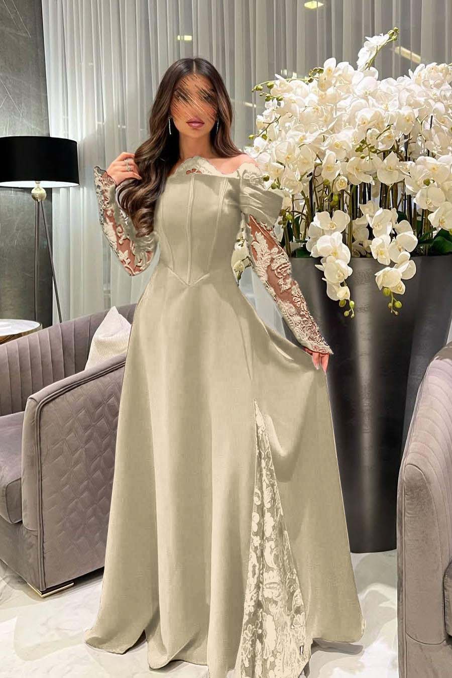 Off the Shoulder Long Sleeves Long Prom Dress With Appliques