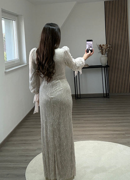 Long Sleves V-Neck Ruched Evening Dress