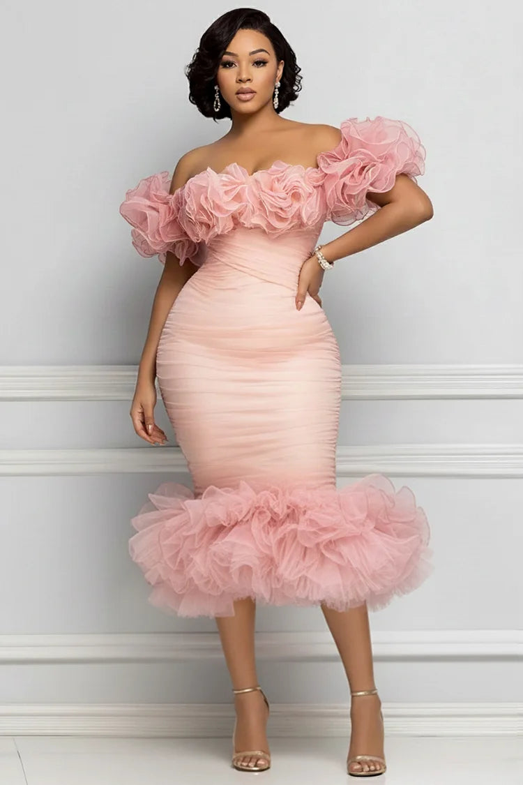 Pink Off The Shoulder 3D Elegant Bodycon Tulle Midi Dresses