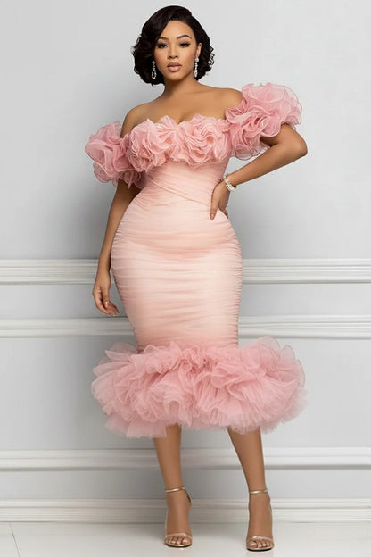 Pink Off The Shoulder 3D Elegant Bodycon Tulle Midi Dresses