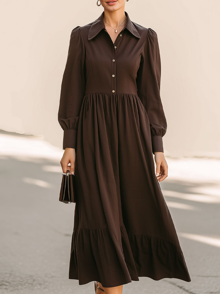 Elegant Chocolate Brown Shirt-Collar Midi Dress With Puff Sleeves