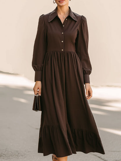 Elegant Chocolate Brown Shirt-Collar Midi Dress With Puff Sleeves
