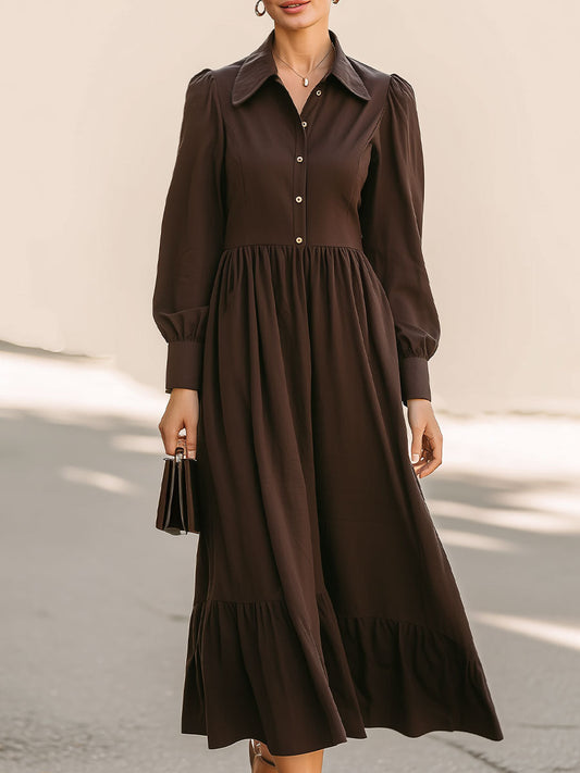 Elegant Chocolate Brown Shirt-Collar Midi Dress With Puff Sleeves