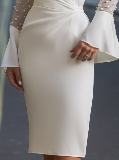 Wrap Midi Dress With Pearl-Embellished Mesh Sleeves
