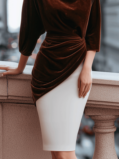 Elegant Two-tone Velvet Draped Midi Dress