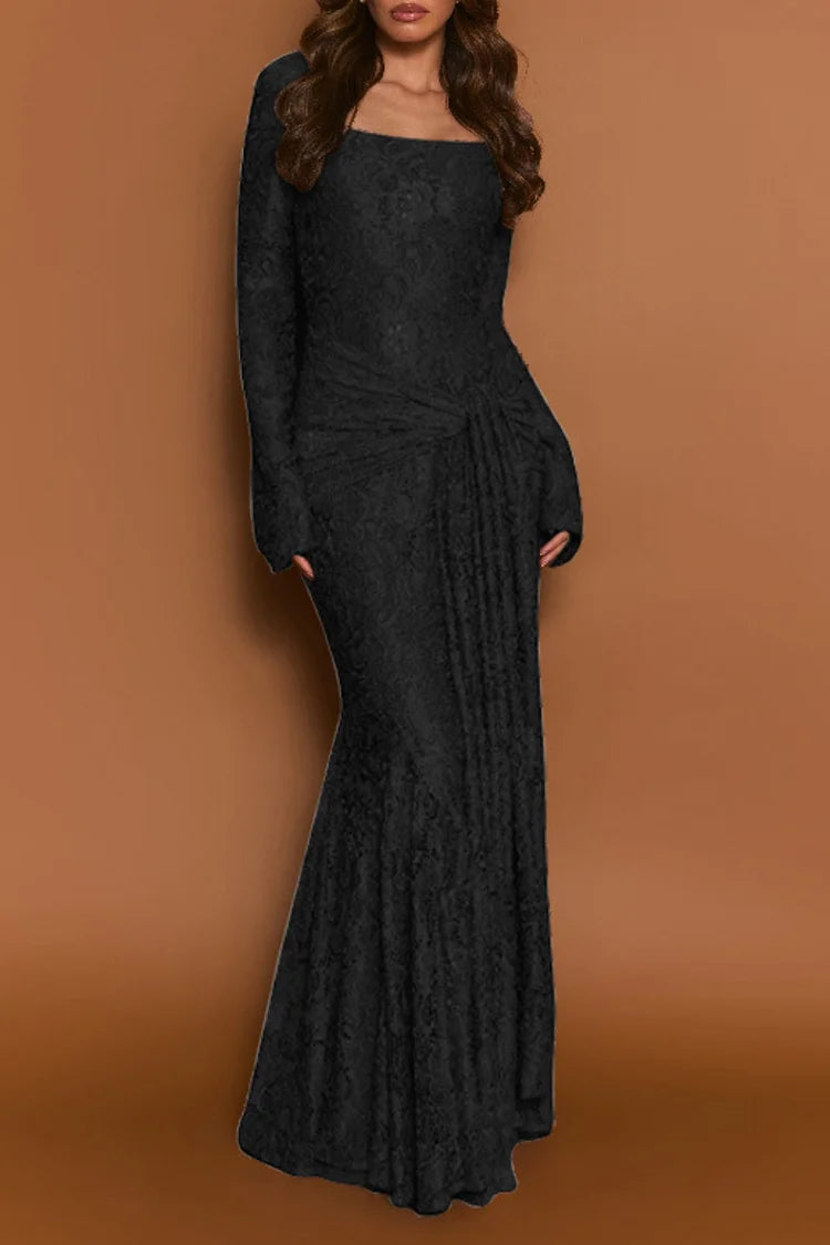 Jacquard Square Neck Backless Streamer Lace Party Maxi Dress