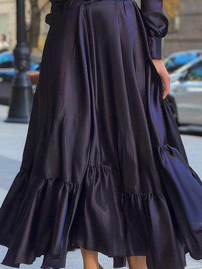 Navy Blue Satin High Neck Long Sleeve Maxi Dress