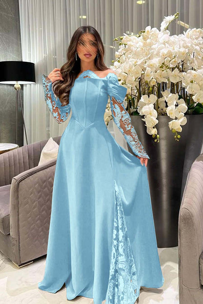 Off the Shoulder Long Sleeves Long Prom Dress With Appliques
