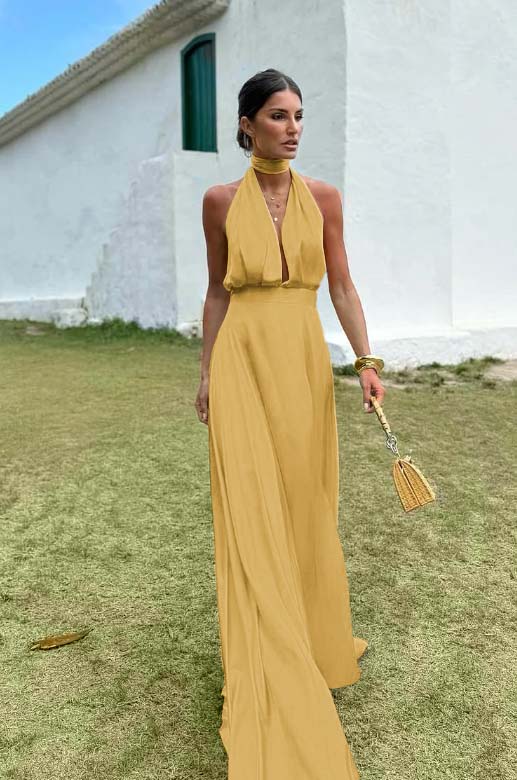 Charming Sleeveless Halter V Neck Long Prom Dress With Pleated