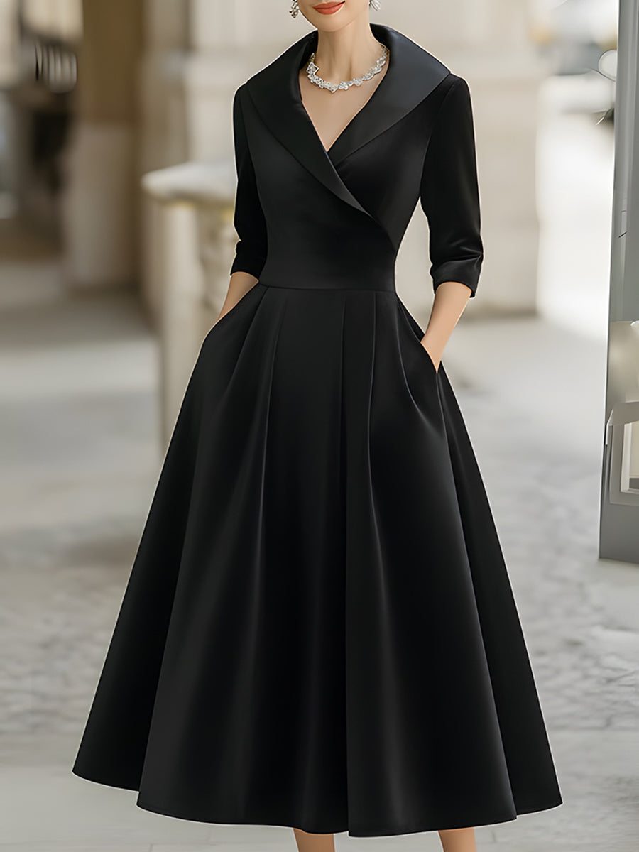 Elegant Velvet Midi Dress With Satin Lapel