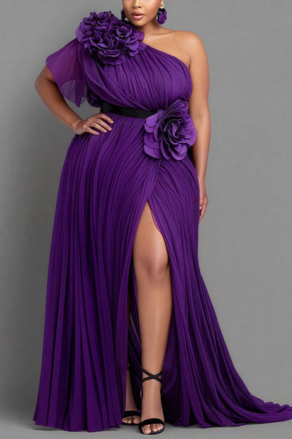 Formal Purple One Shoulder Short Sleeve 3D Elegant Split Chiffon Maxi Dress