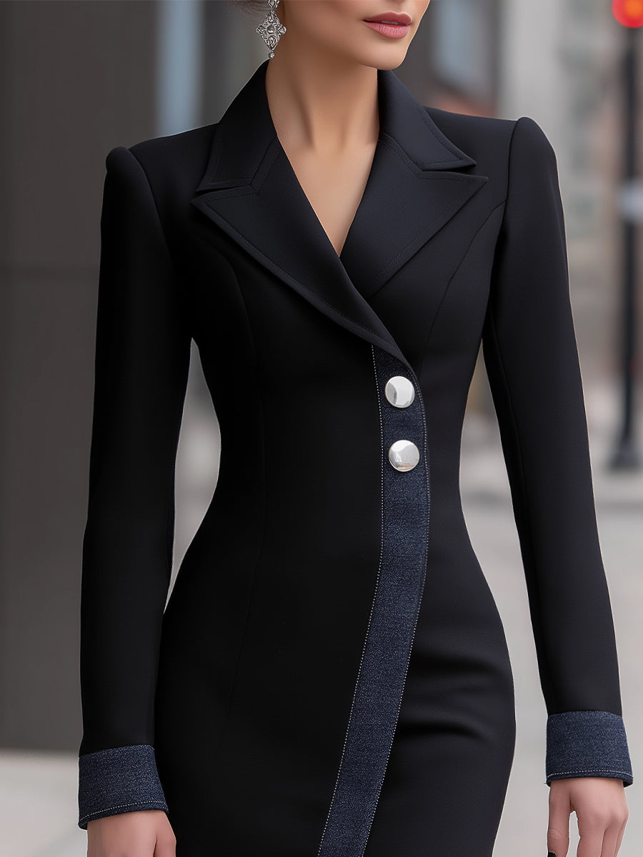 Tailored Asymmetric Dress With Contrast Denim Trim