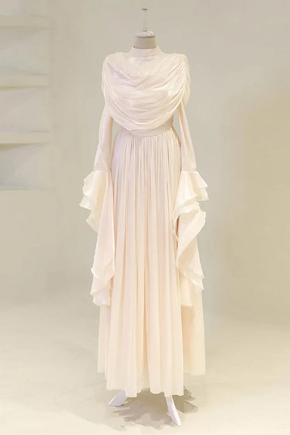 Draped Shoulder Pleated Slit Ruffled Trim Bell Sleeve Maxi Dress