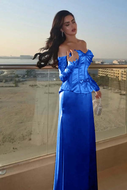 Sweetheart Strapless Long Sleeves Long Prom Dress With Bow And Beadings