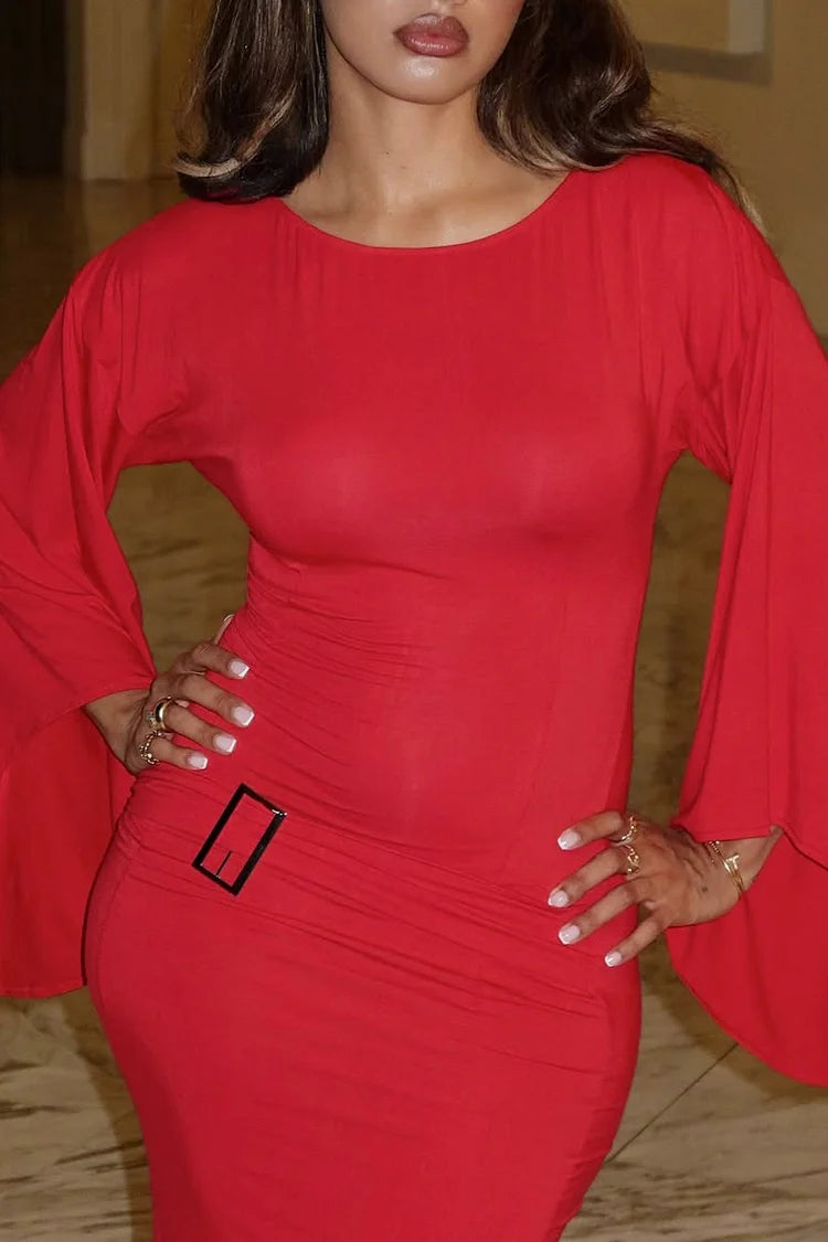 Buckle Decor Asymmetric Bell Sleeve Round Neck Slim Party Maxi Dress