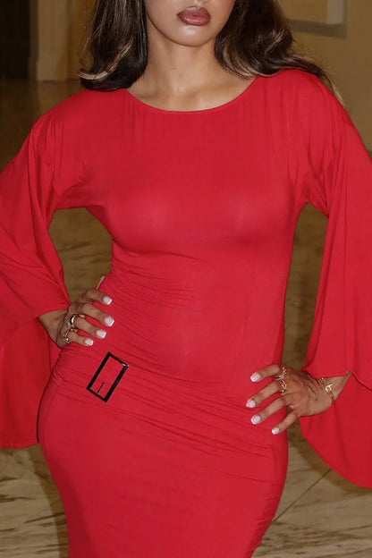 Buckle Decor Asymmetric Bell Sleeve Round Neck Slim Party Maxi Dress