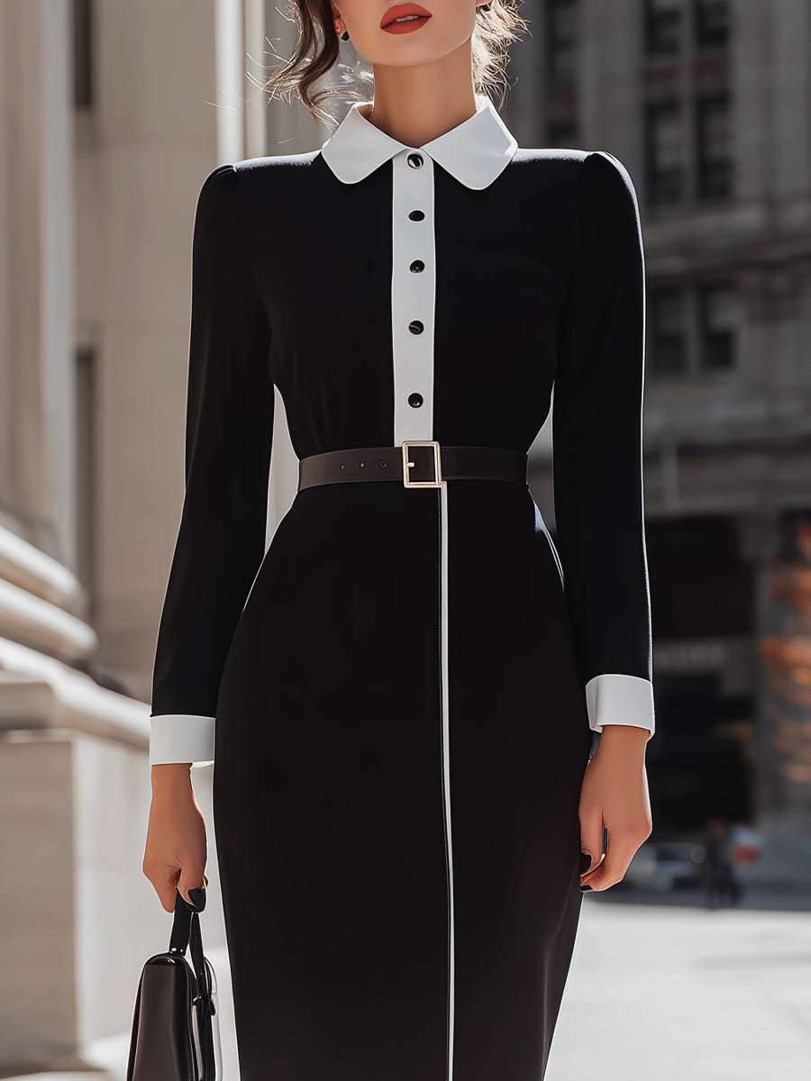 Black And White Contrast Collar Belted Midi Dress