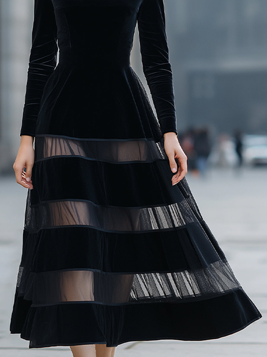 Elegant  Velvet Sheer Stripe Midi Dress