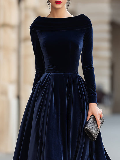 Velvet Midi Dress With Sculpted Off-Shoulder Collar
