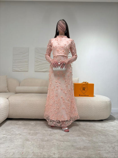 Pink High Neck Lace Sequins Flowers Long Sleeve Mermaid Evening Dress