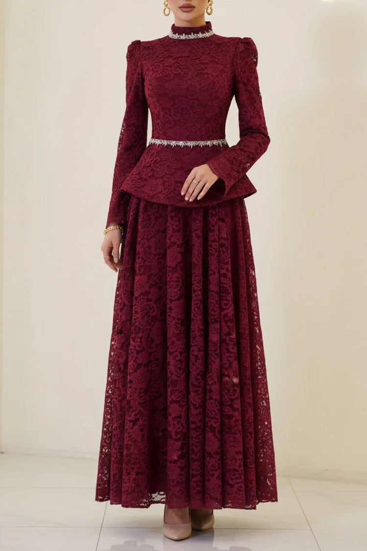 Rhinestone Embroidery Mock Neck Top Maxi Dress