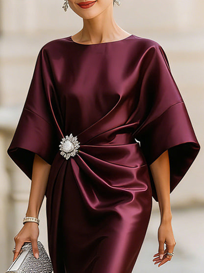 Satin Draped Midi Dress With Rhinestone Brooch Detail